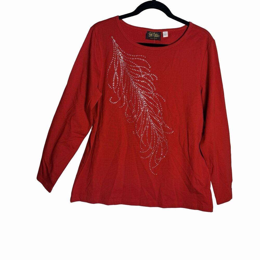 Bob Mackie Wearable Art Top Women's Large Red Pullover Rhinestones Leaf NEW